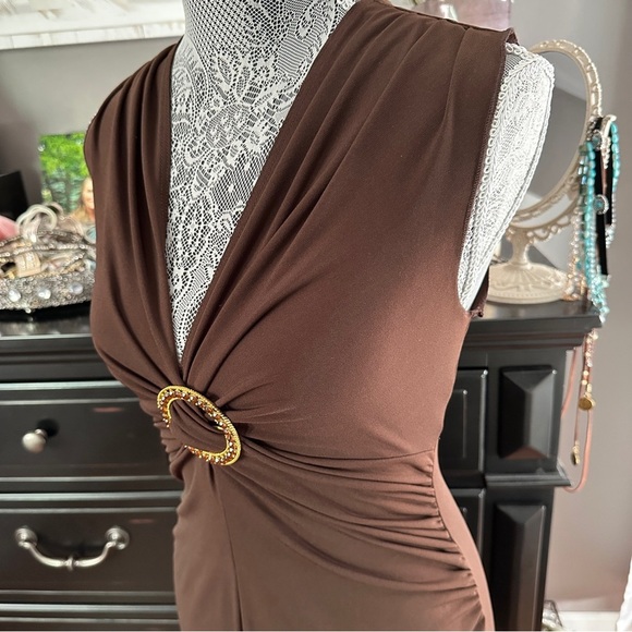 Candie’s Brown Sleeveless Ring Detail Midi Dress L Glam Mob Wife Cocktail Party - Picture 5 of 16